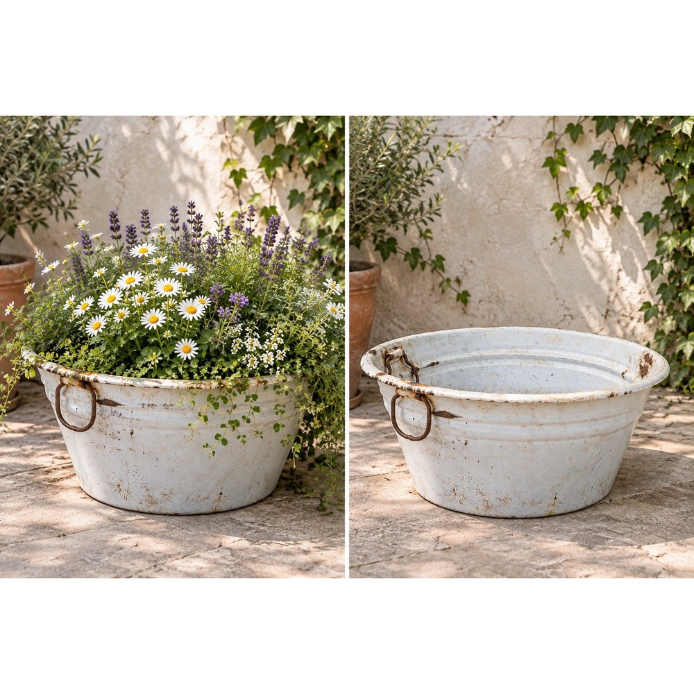 Vintage Enamel Wash Basin Tub 15in Rustic Distressed Farmhouse Garden Decor FLAW